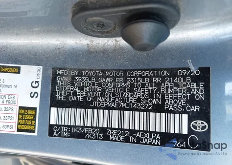 2021 Toyota Corolla Le z USA, uszkodzony, nr VIN JTDEPMAE7MJ143272